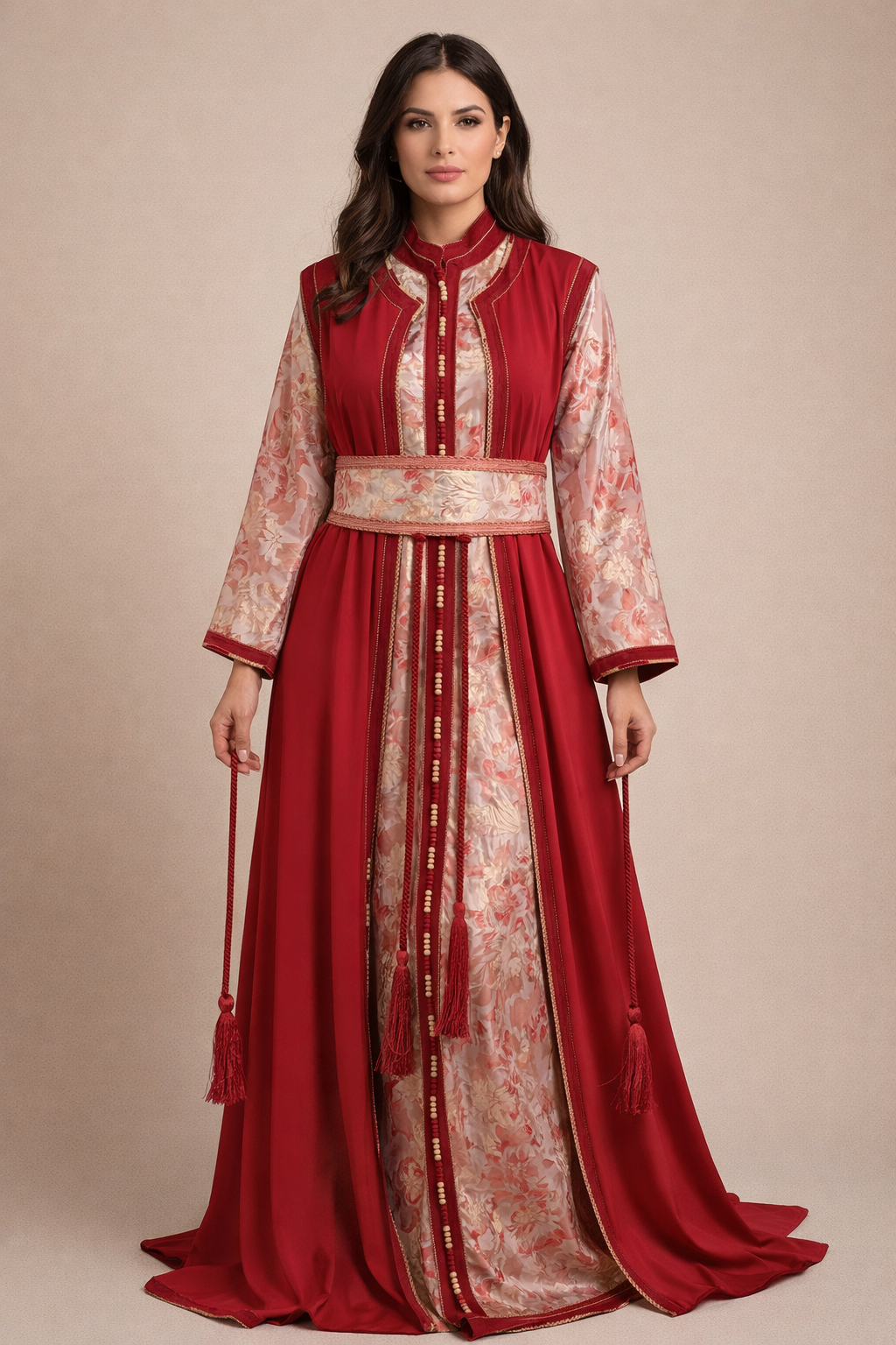 Imperial Red Kaftan Set — 2-Piece + Hand-Braided Mdemma | Moroccan Handmade Luxury | One of a Kind