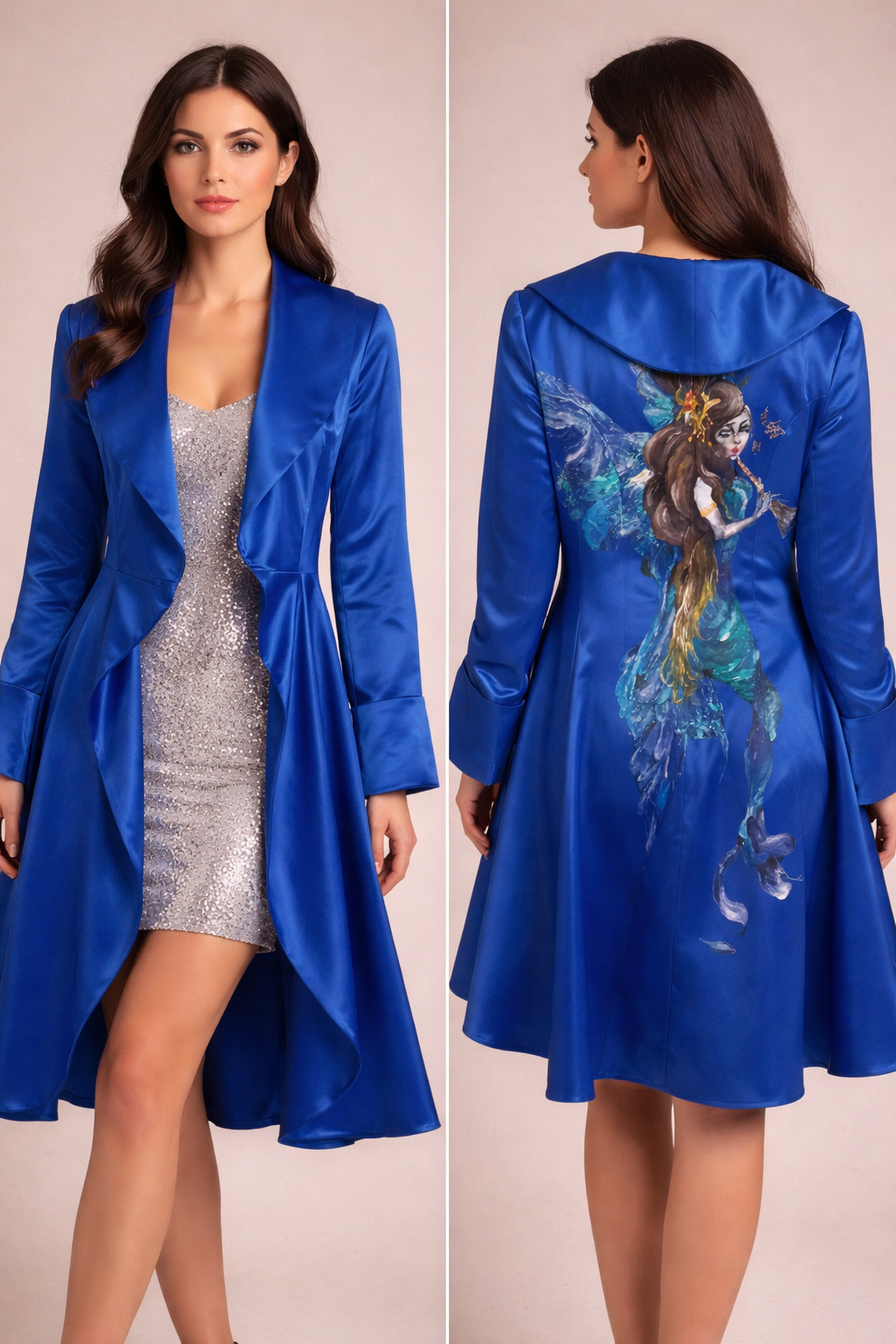 Veste satin bleu royal peinture originale faite main au dos wearable art — GZ Elegance
