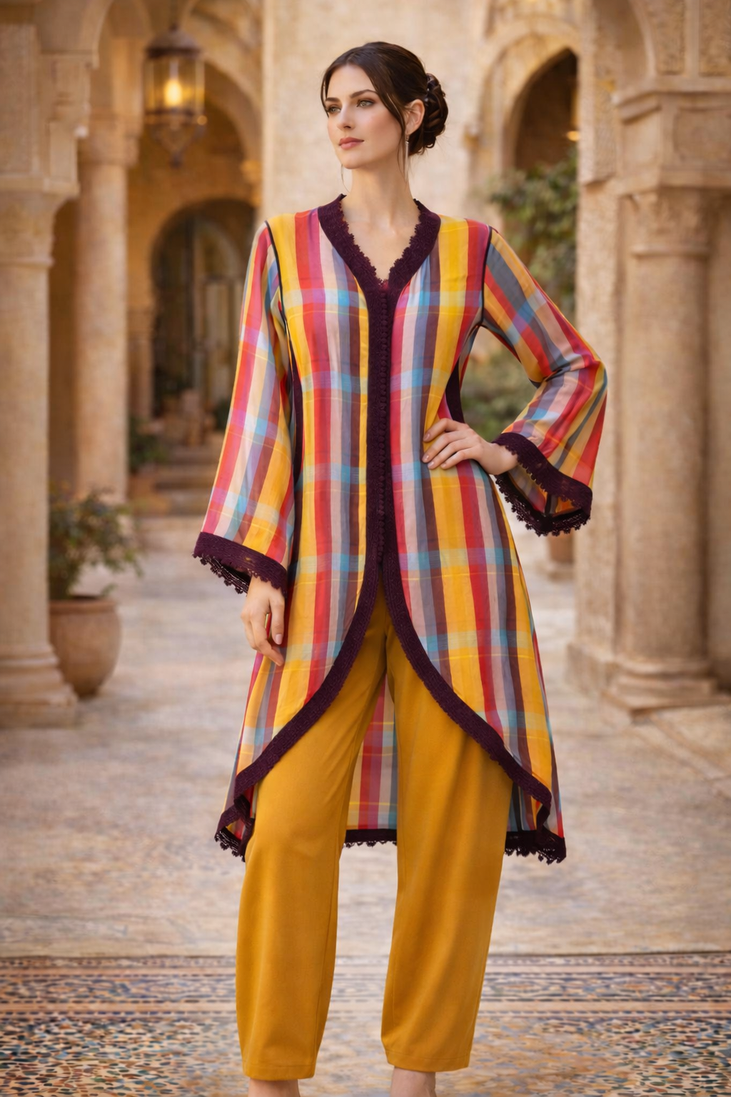 Tunique multicolore coupe asymétrique dentelle bordeaux col manches pièce unique — GZ Elegance
