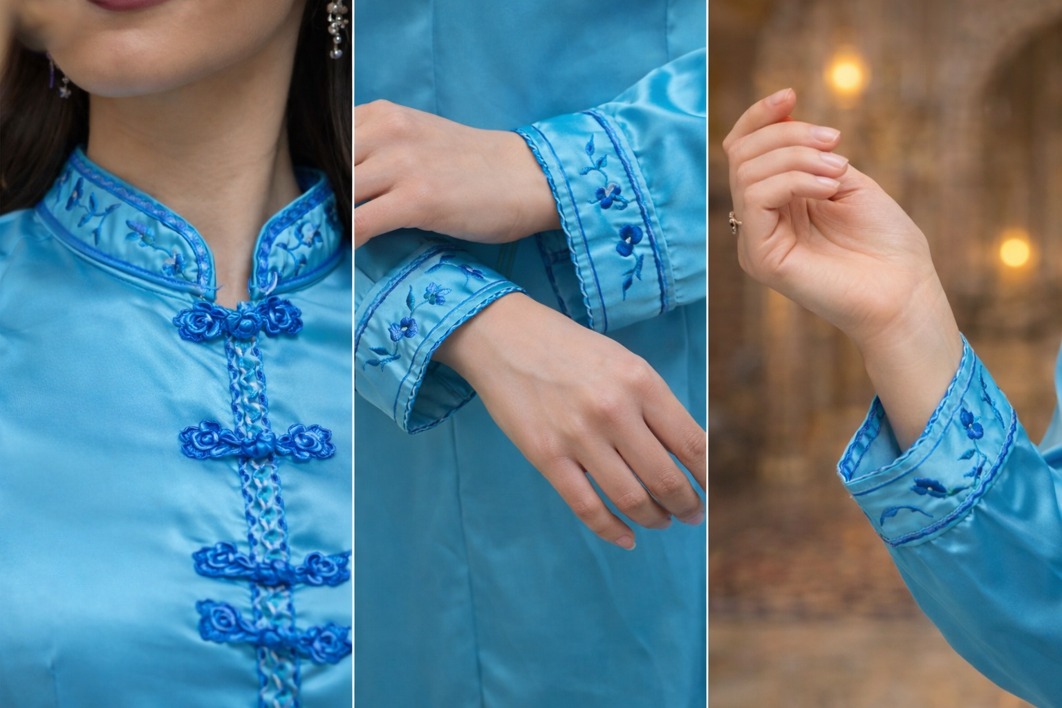 Caftan turquoise broderie florale main vue détail — haute couture marocaine GZ Elegance
