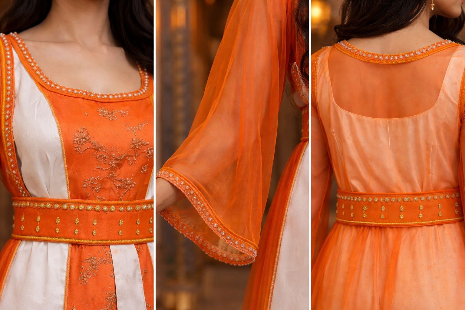 Caftan orange ivoire brodé main vue détail — haute couture marocaine GZ Elegance
