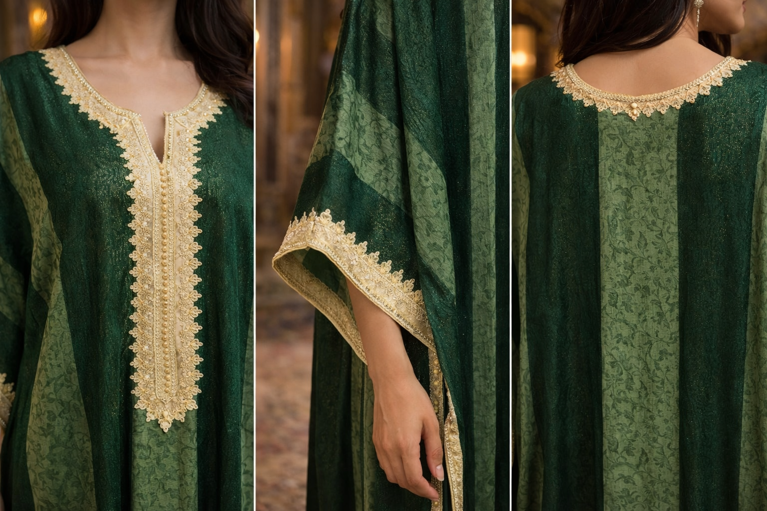 Caftan vert or velours brodé main vue détail — haute couture marocaine GZ Elegance
