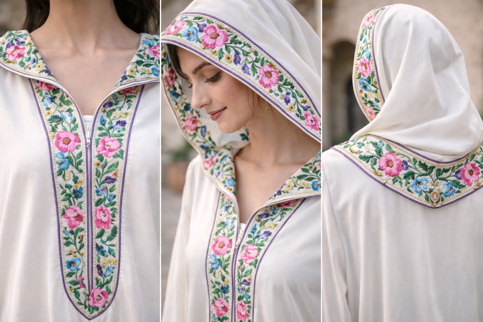 Tunique ivoire brodée main vue détail floral — haute couture marocaine GZ Elegance
