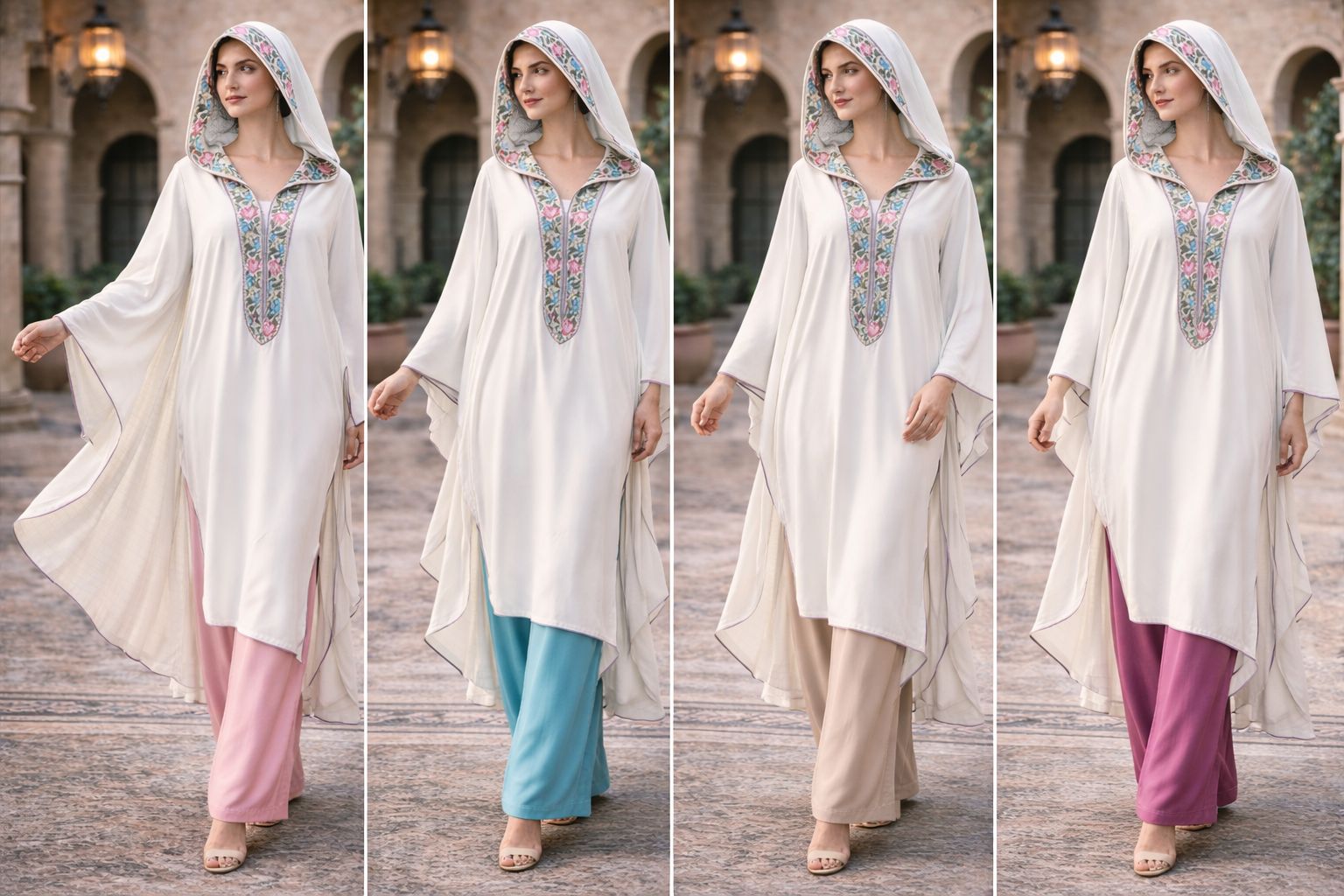 Tunique ivoire brodée main vue détail floral — haute couture marocaine GZ Elegance
