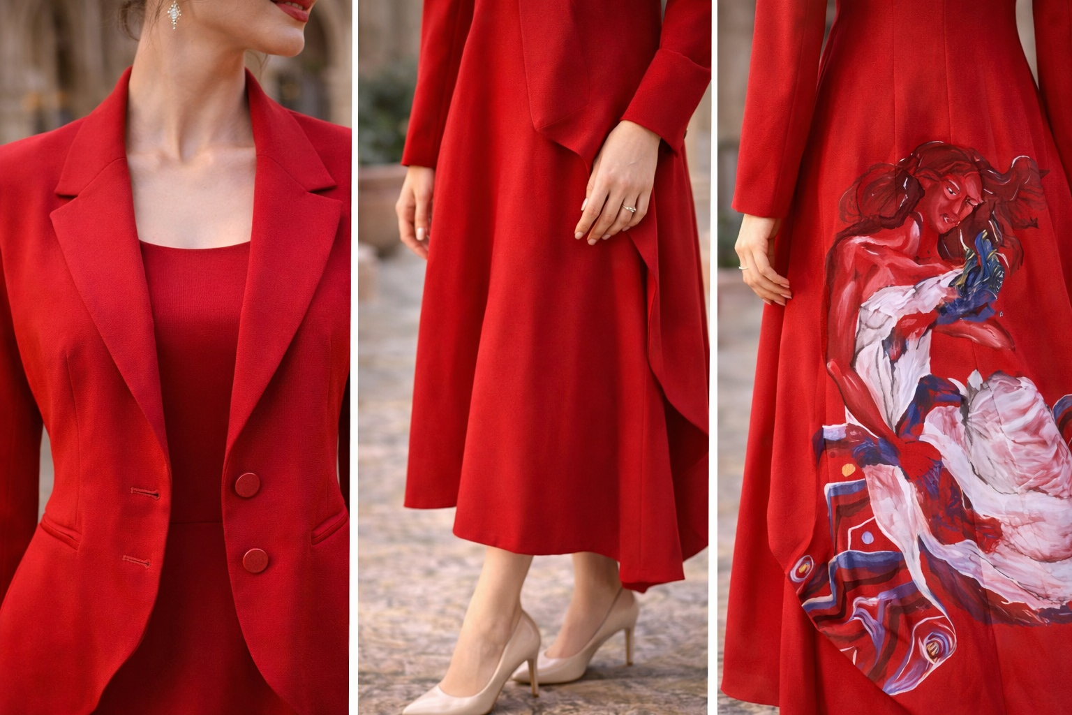 Veste rouge peinture main vue détail expressionniste — wearable art GZ Elegance
