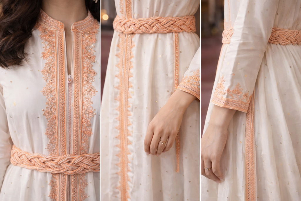 Caftan ivoire pêche brodé main vue détail — haute couture marocaine GZ Elegance
