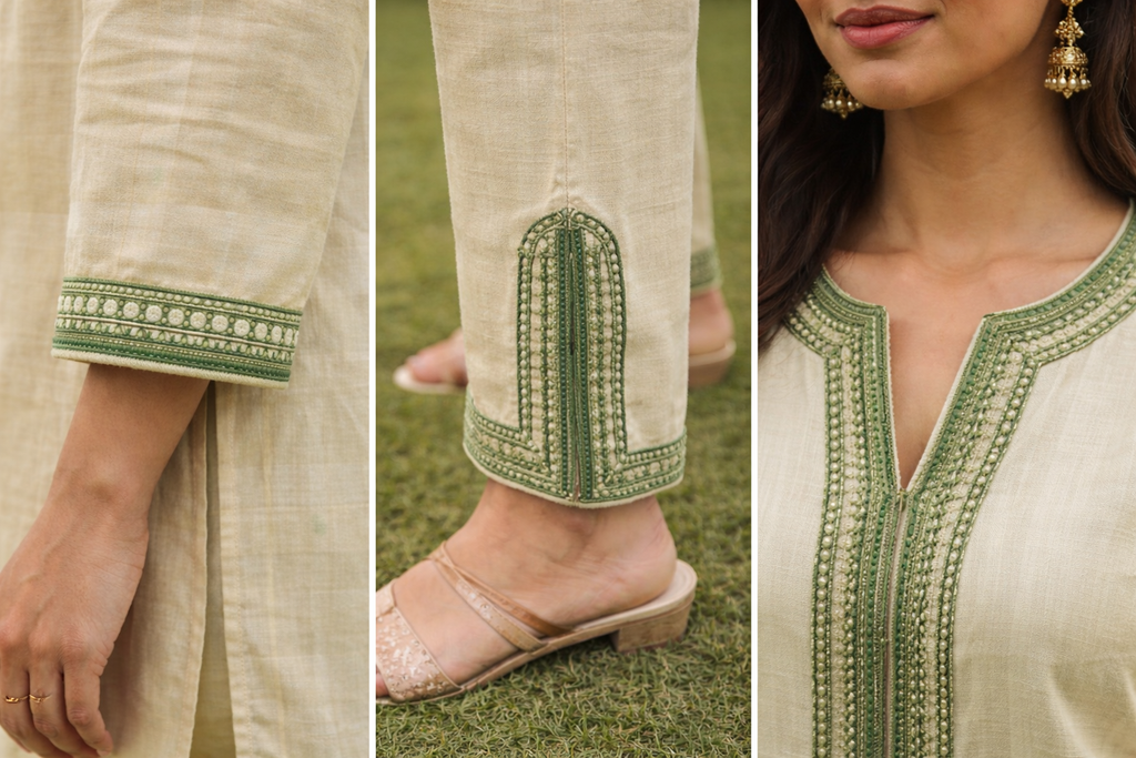 Ensemble lin vert sauge artisanat marocain vue détail — GZ Elegance

