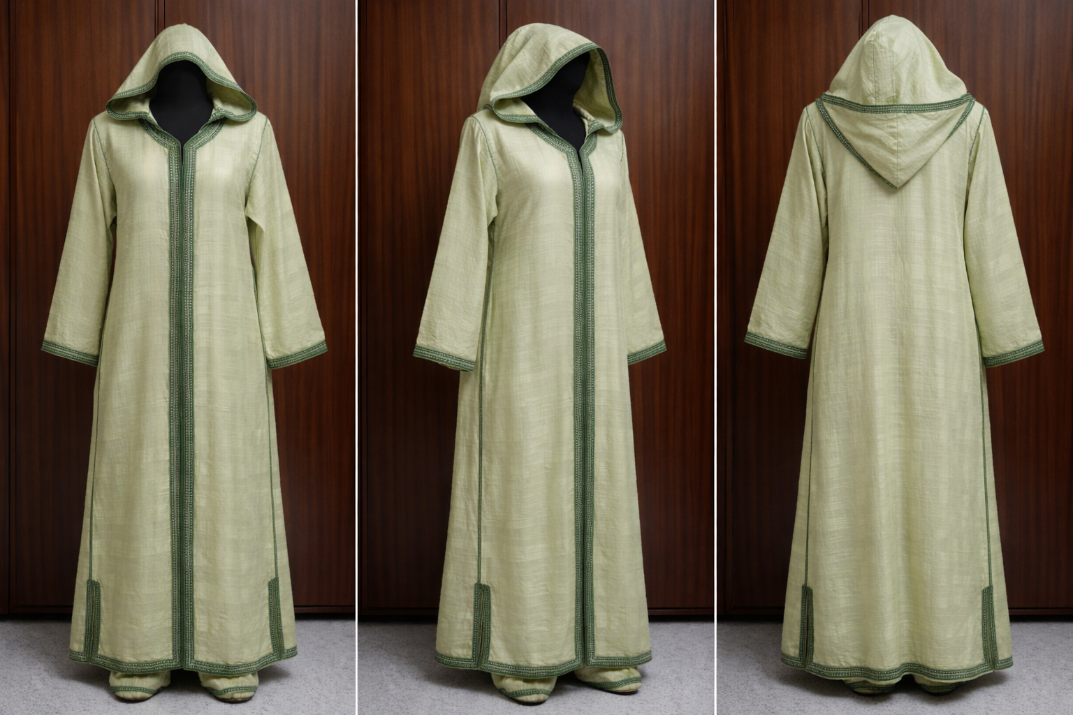 Ensemble lin vert sauge artisanat marocain vue détail — GZ Elegance
