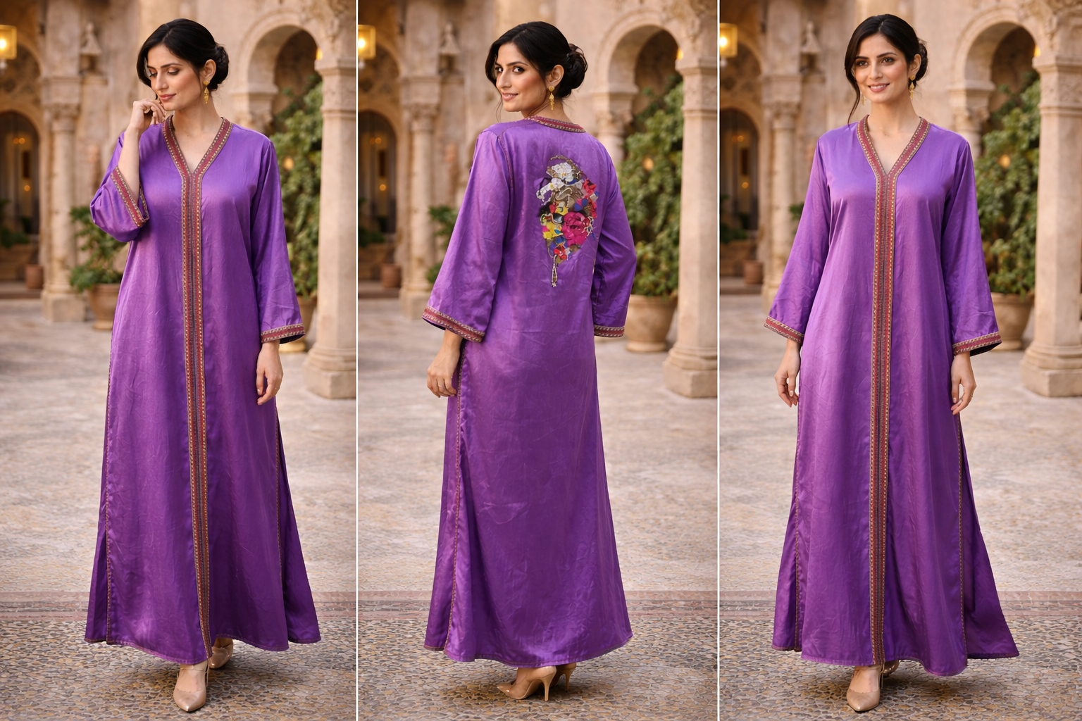 Caftan violet améthyste bouquet floral brodé main au dos galon multicolore — GZ Elegance
