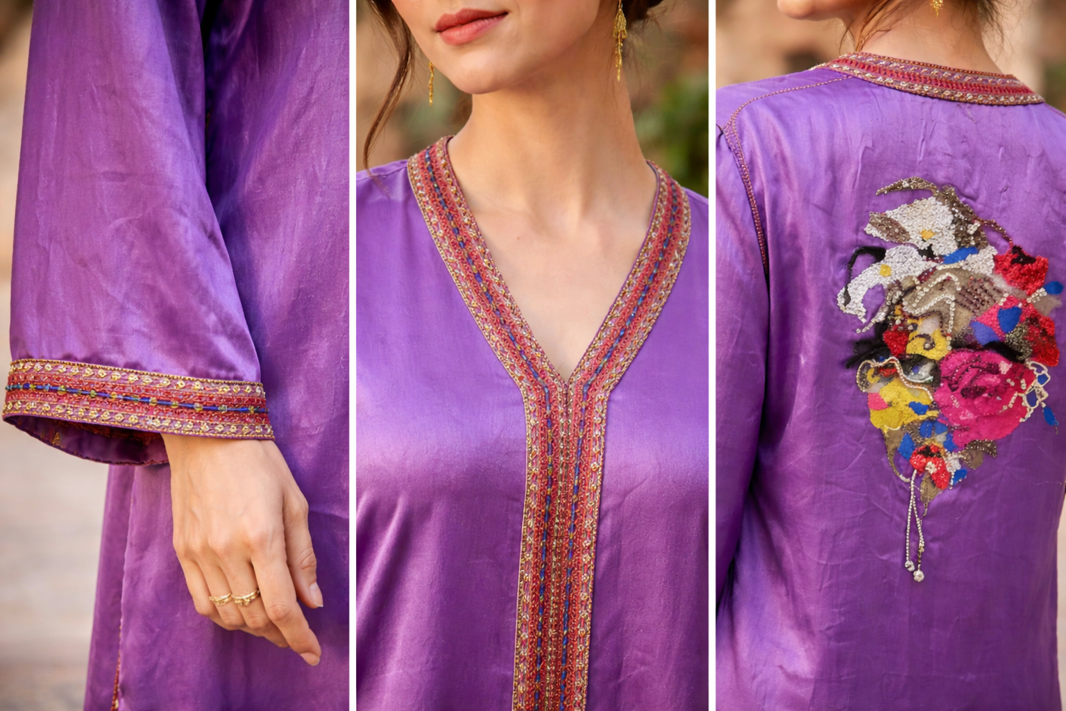 Caftan violet améthyste bouquet floral brodé main vue détail — haute couture marocaine GZ Elegance
