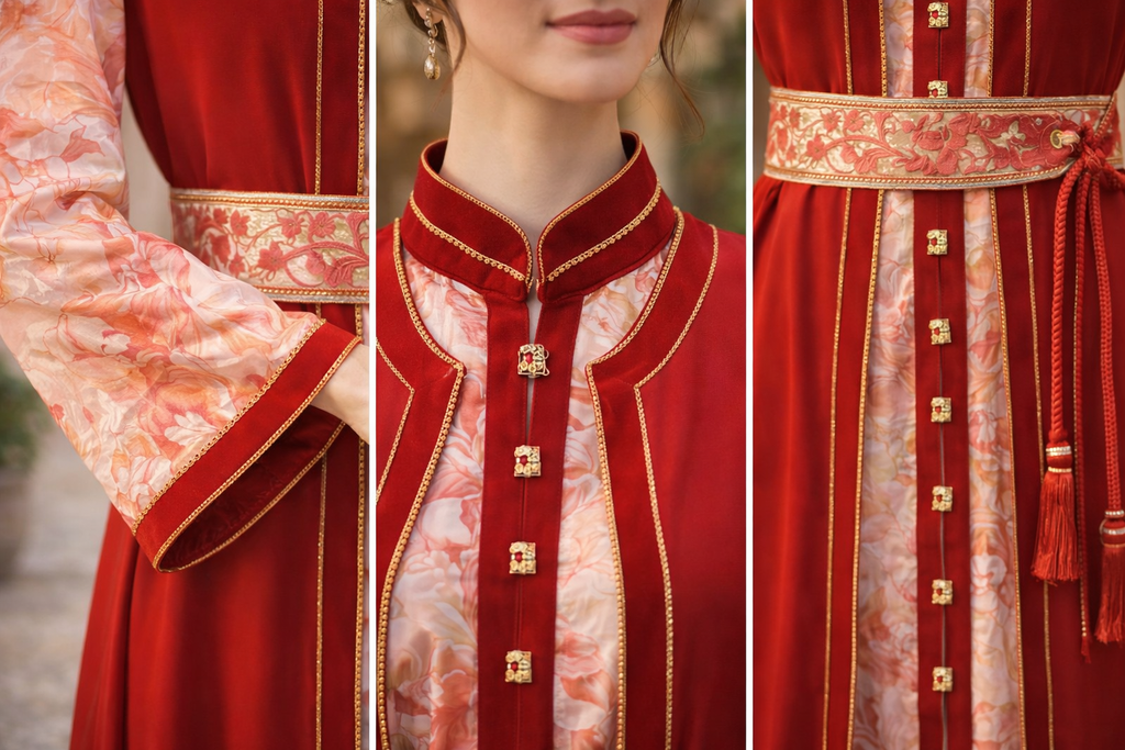 Caftan rouge artisanal brodé main vue détail — haute couture marocaine GZ Elegance
