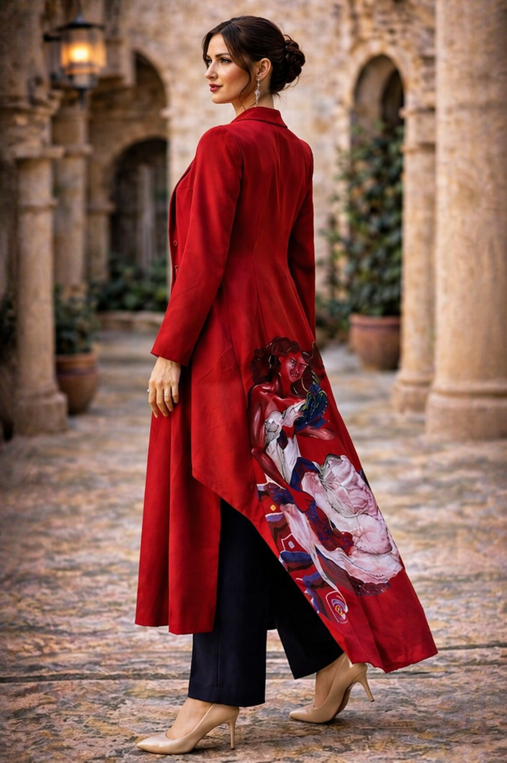 Veste rouge peinture main vue détail expressionniste — wearable art GZ Elegance
