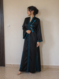 Black Night Kaftan — Hand-Embroidered Blue Floral Satin Maxi Dress | Moroccan Luxury | One of a Kind