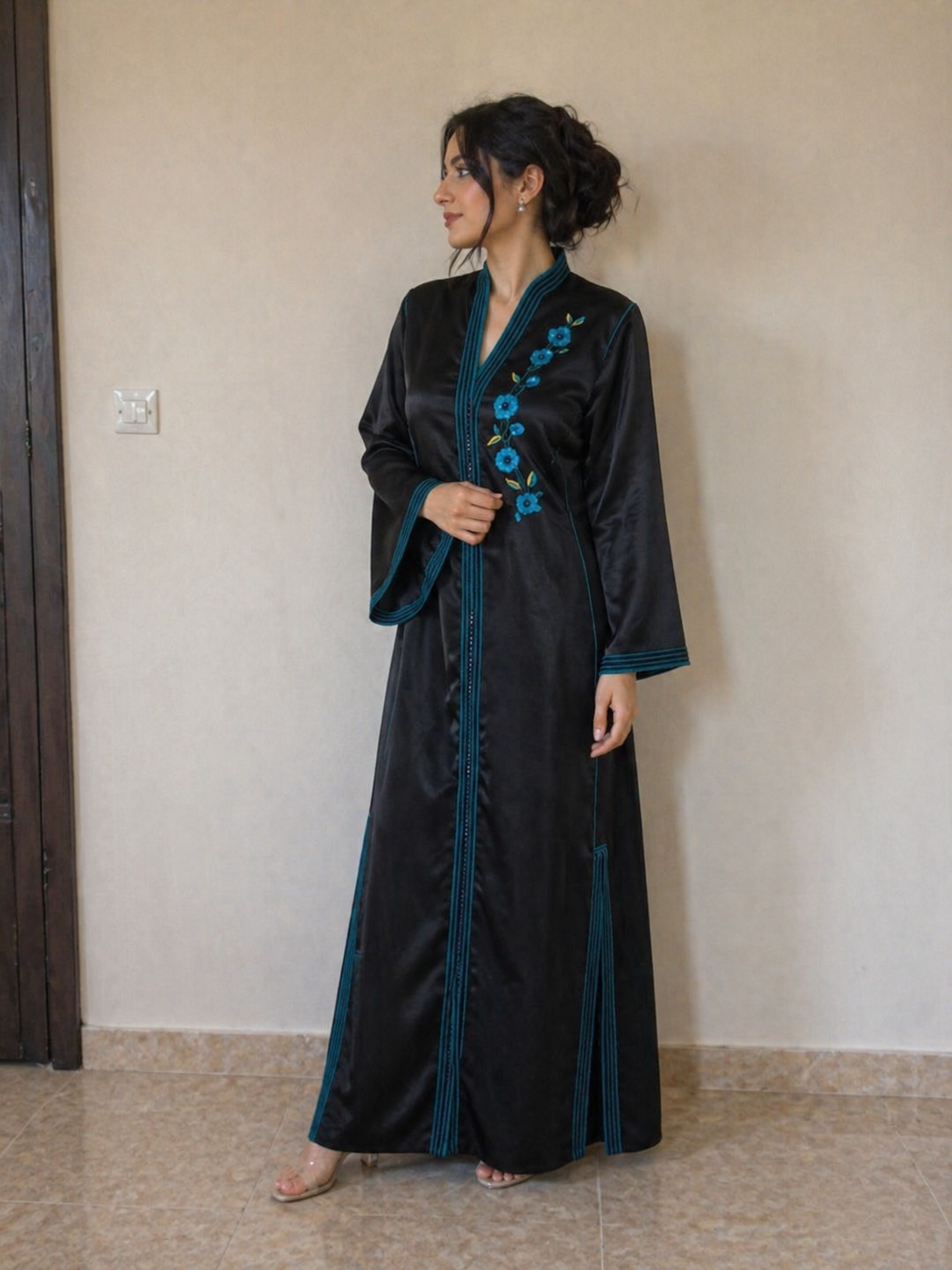 Black Night Kaftan — Hand-Embroidered Blue Floral Satin Maxi Dress | Moroccan Luxury | One of a Kind