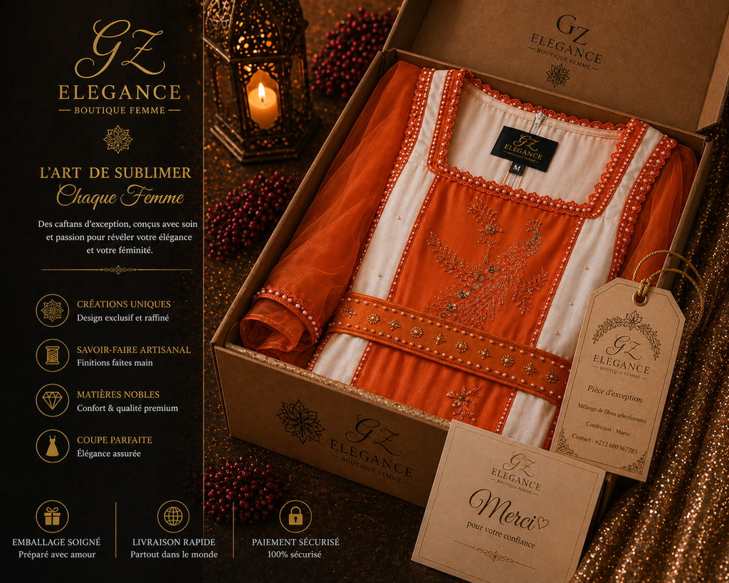 Orange & Ivory Organza Kaftan Set — 2-Piece Hand-Embroidered | Moroccan Luxury Wedding Dress | One of a Kind