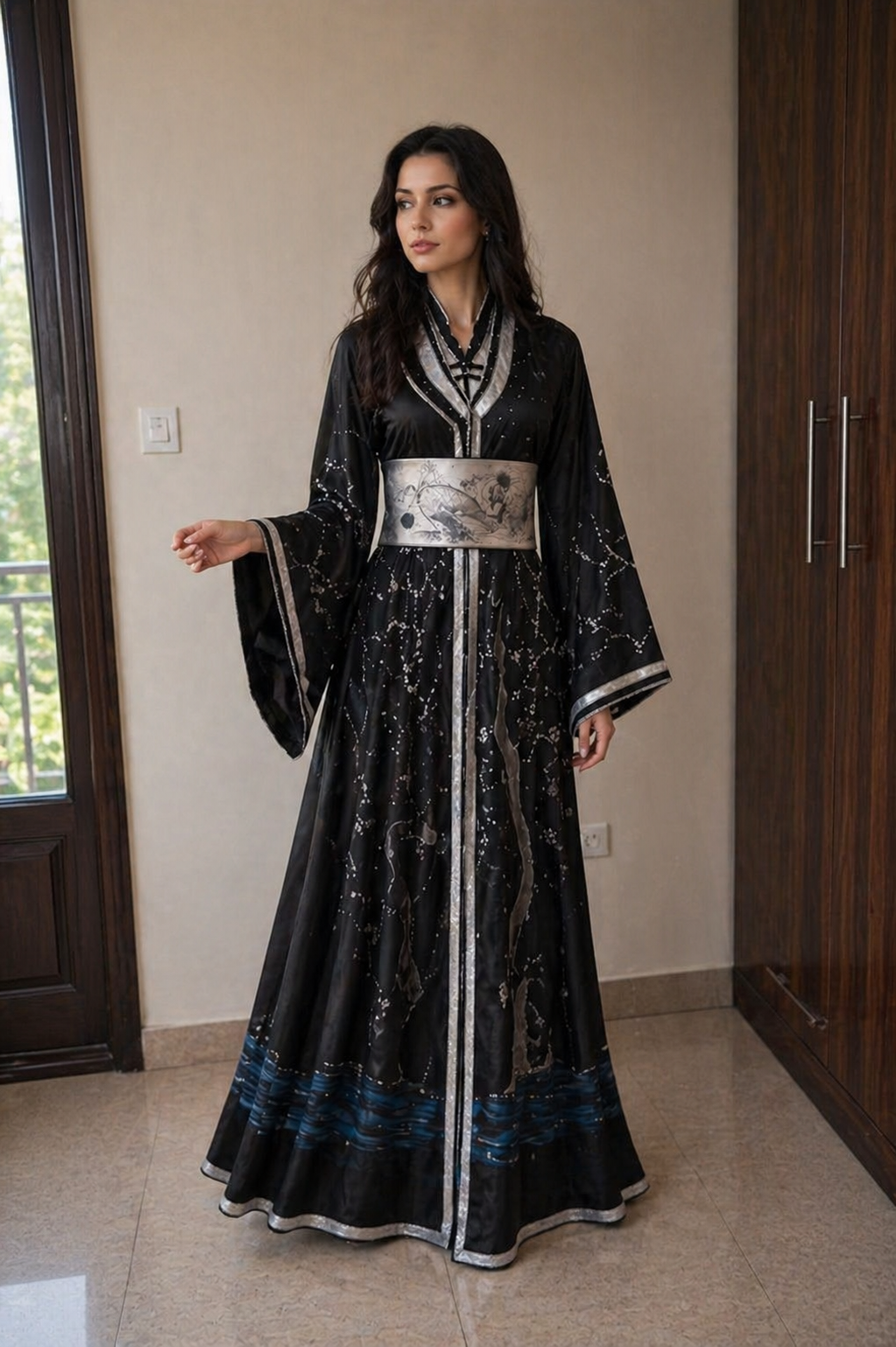 Black & Silver Dragon Kaftan Set — 2-Piece Hand-Embroidered | Moroccan-Asian Fusion Haute Couture | One of a Kind