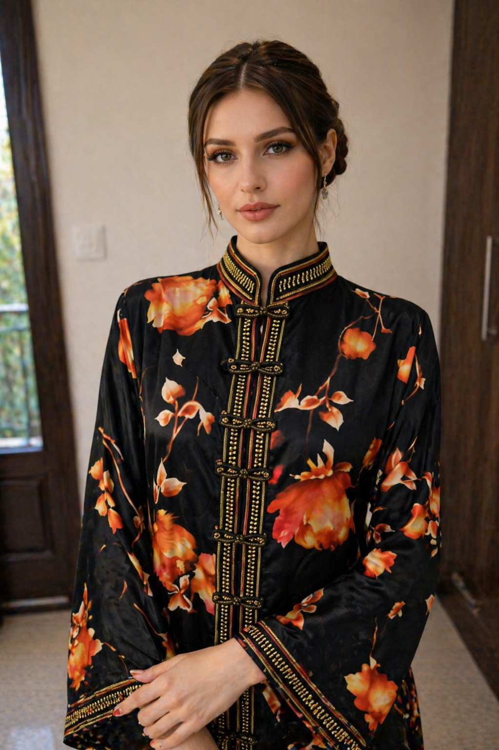 Black Floral Jacquard Kaftan — Hand-Embroidered Gold Trim | Moroccan Luxury Maxi Dress | One of a Kind