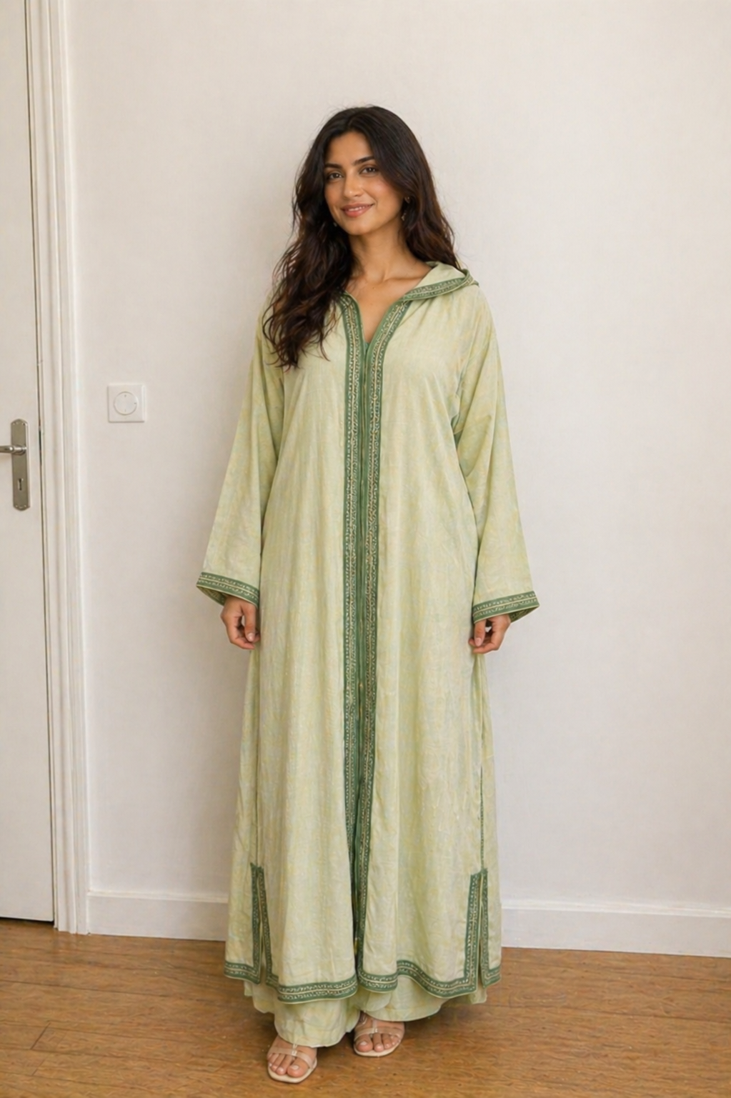 Sage Green Linen 4-Piece Set — Djellaba, Tunic, Pants & Shawl | Hand-Embroidered Sfifa | One of a Kind