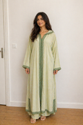 Sage Green Linen 4-Piece Set — Djellaba, Tunic, Pants & Shawl | Hand-Embroidered Sfifa | One of a Kind