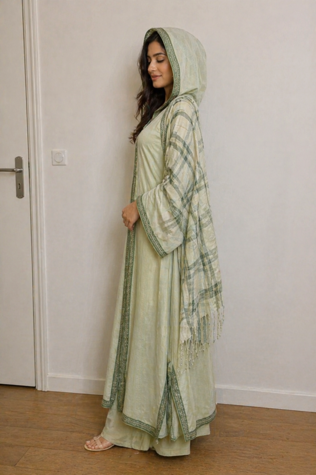 Sage Green Linen 4-Piece Set — Djellaba, Tunic, Pants & Shawl | Hand-Embroidered Sfifa | One of a Kind