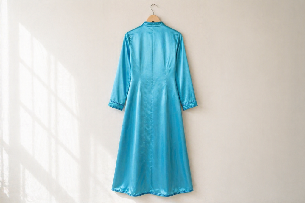 Turquoise Satin Kaftan — Hand-Embroidered Floral & Mandarin Collar | Moroccan Luxury Maxi Dress | One of a Kind