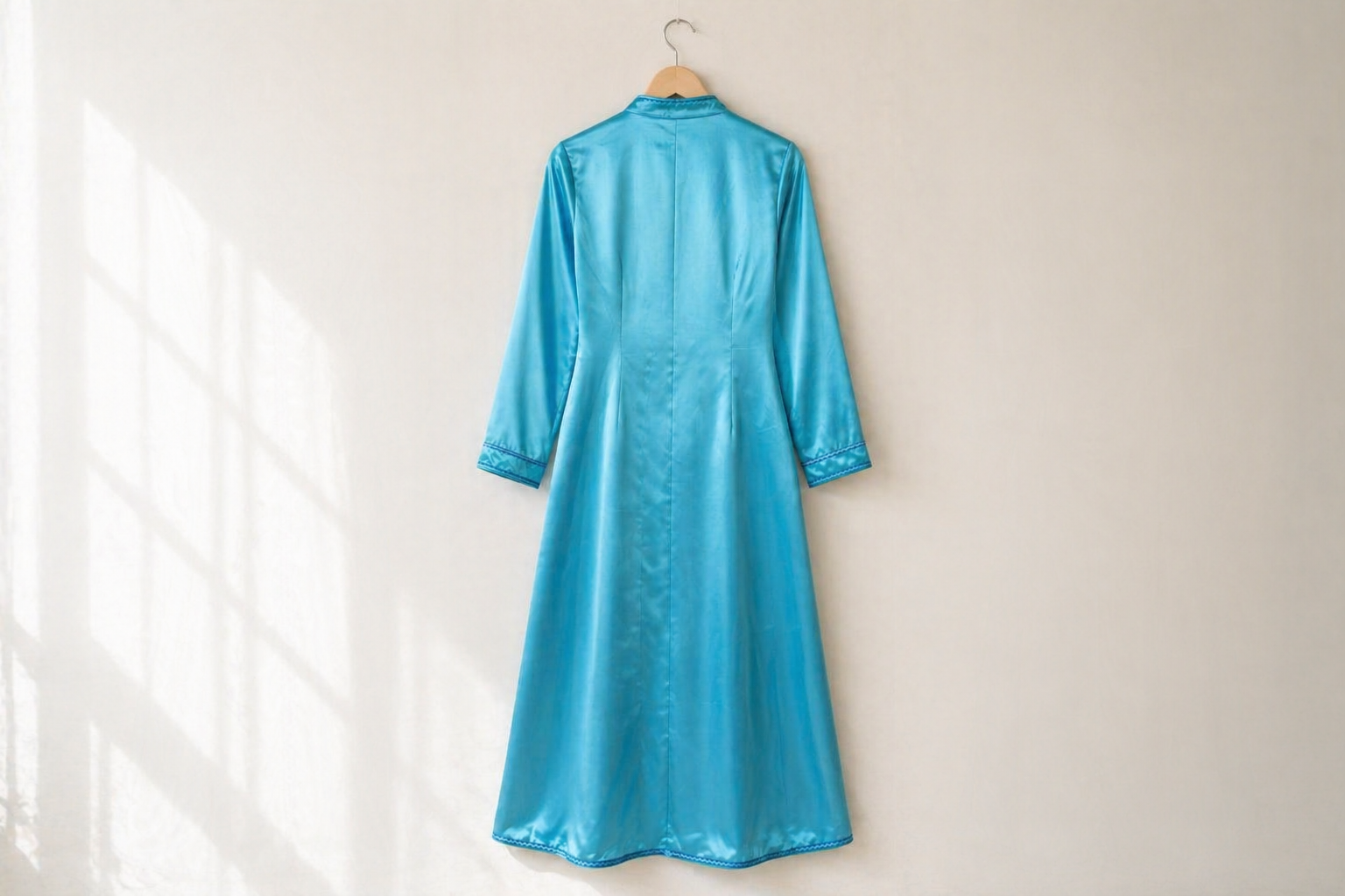 Turquoise Satin Kaftan — Hand-Embroidered Floral & Mandarin Collar | Moroccan Luxury Maxi Dress | One of a Kind
