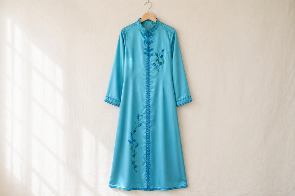 Turquoise Satin Kaftan — Hand-Embroidered Floral & Mandarin Collar | Moroccan Luxury Maxi Dress | One of a Kind