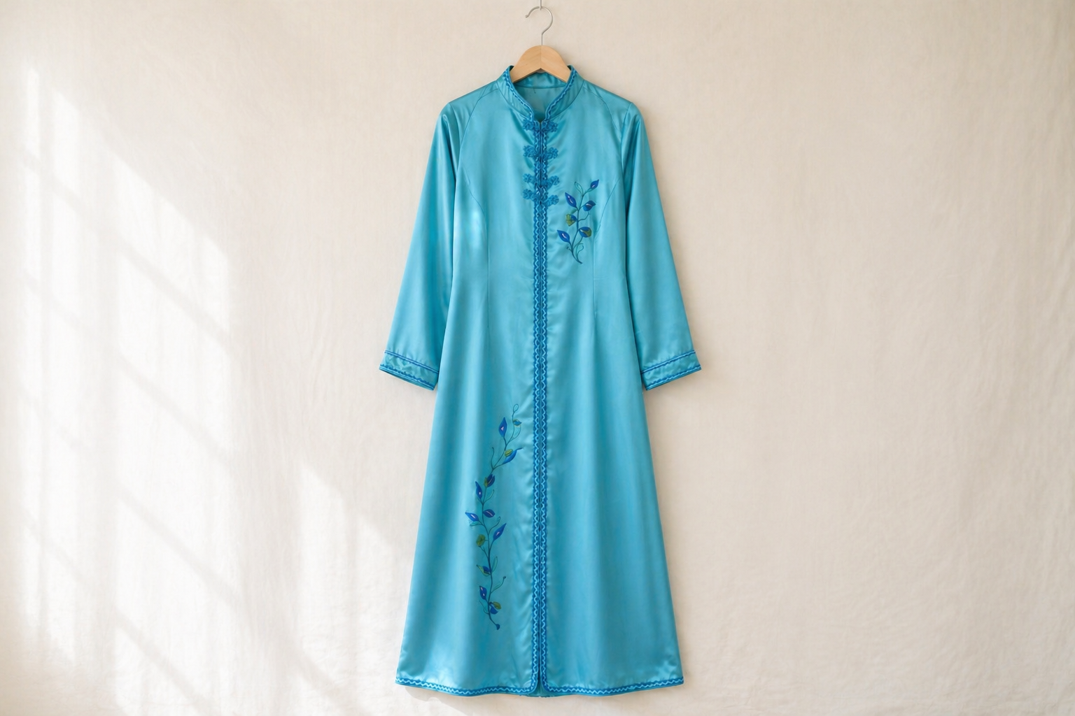 Turquoise Satin Kaftan — Hand-Embroidered Floral & Mandarin Collar | Moroccan Luxury Maxi Dress | One of a Kind