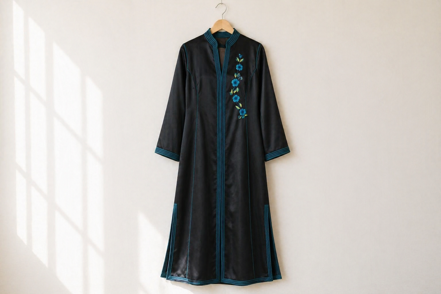 Black Night Kaftan — Hand-Embroidered Blue Floral Satin Maxi Dress | Moroccan Luxury | One of a Kind