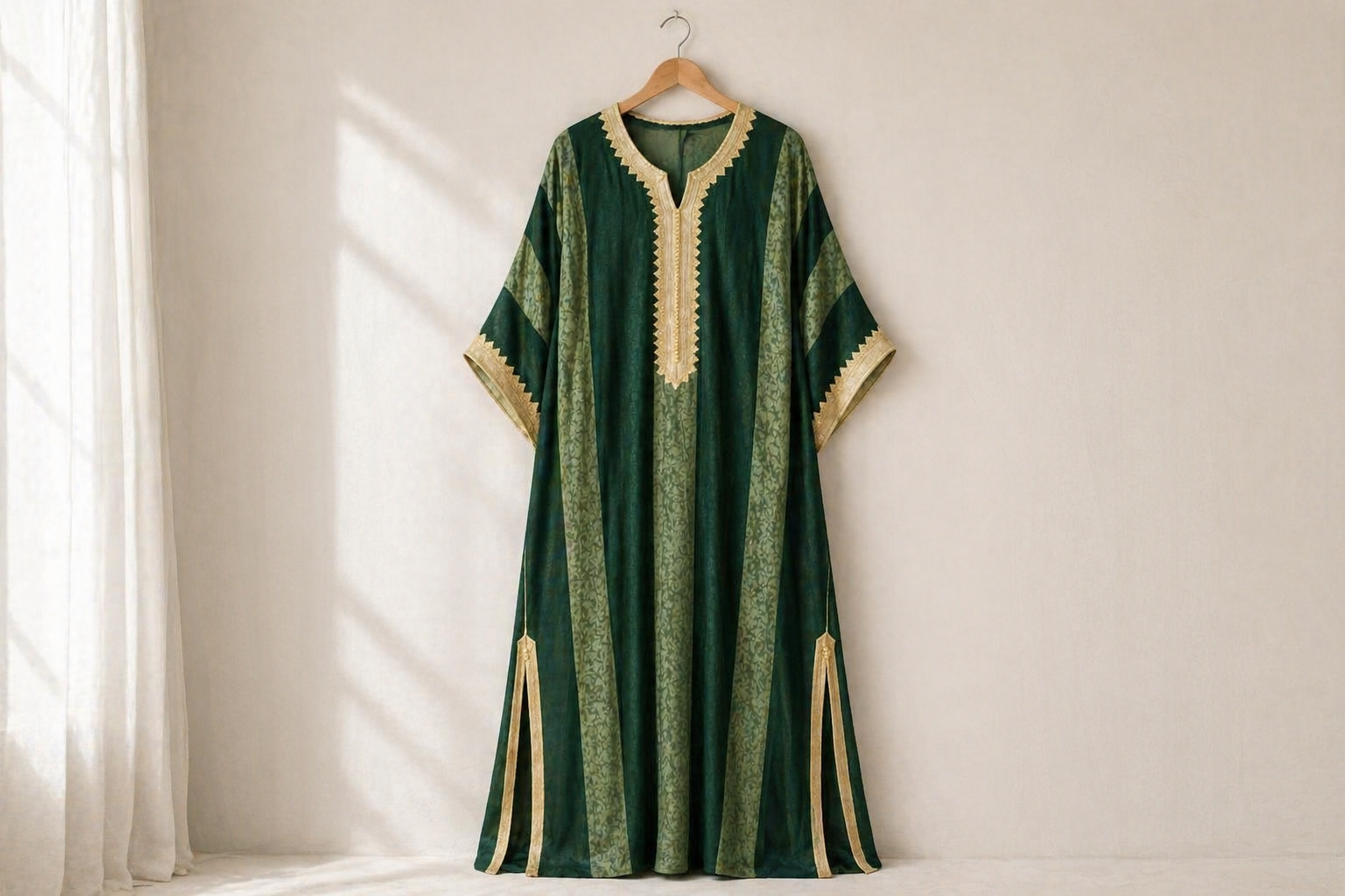Emerald Green & Gold Velvet Kaftan — Hand-Embroidered Plastron & Gold Lace | Moroccan Luxury | One of a Kind