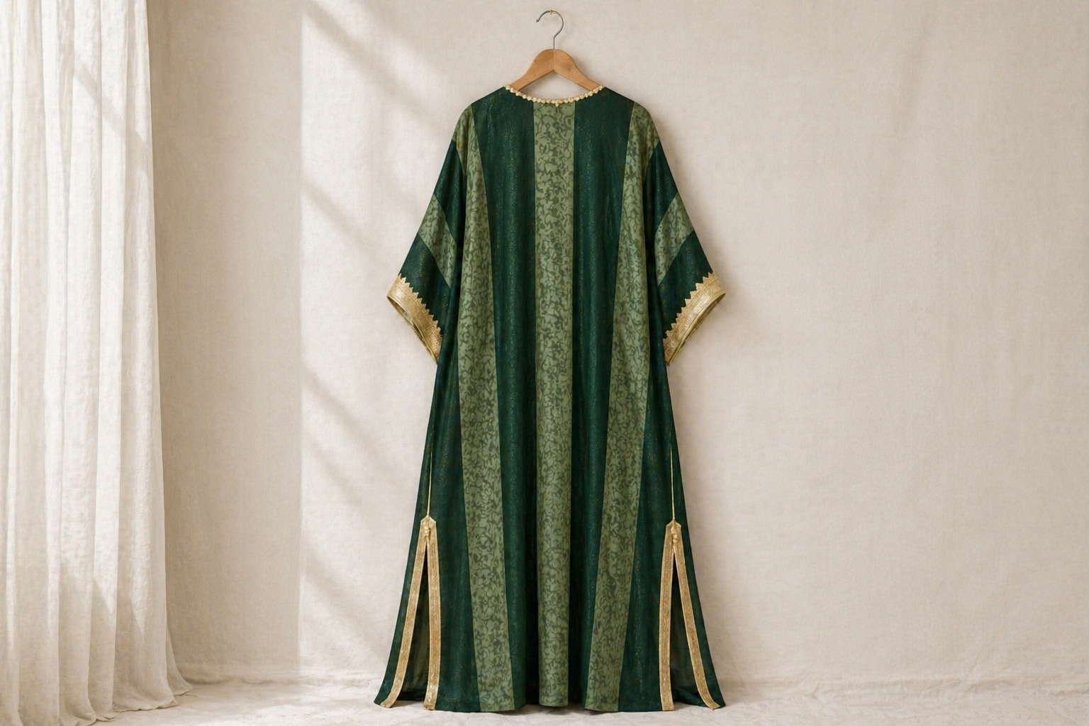 Emerald Green & Gold Velvet Kaftan — Hand-Embroidered Plastron & Gold Lace | Moroccan Luxury | One of a Kind