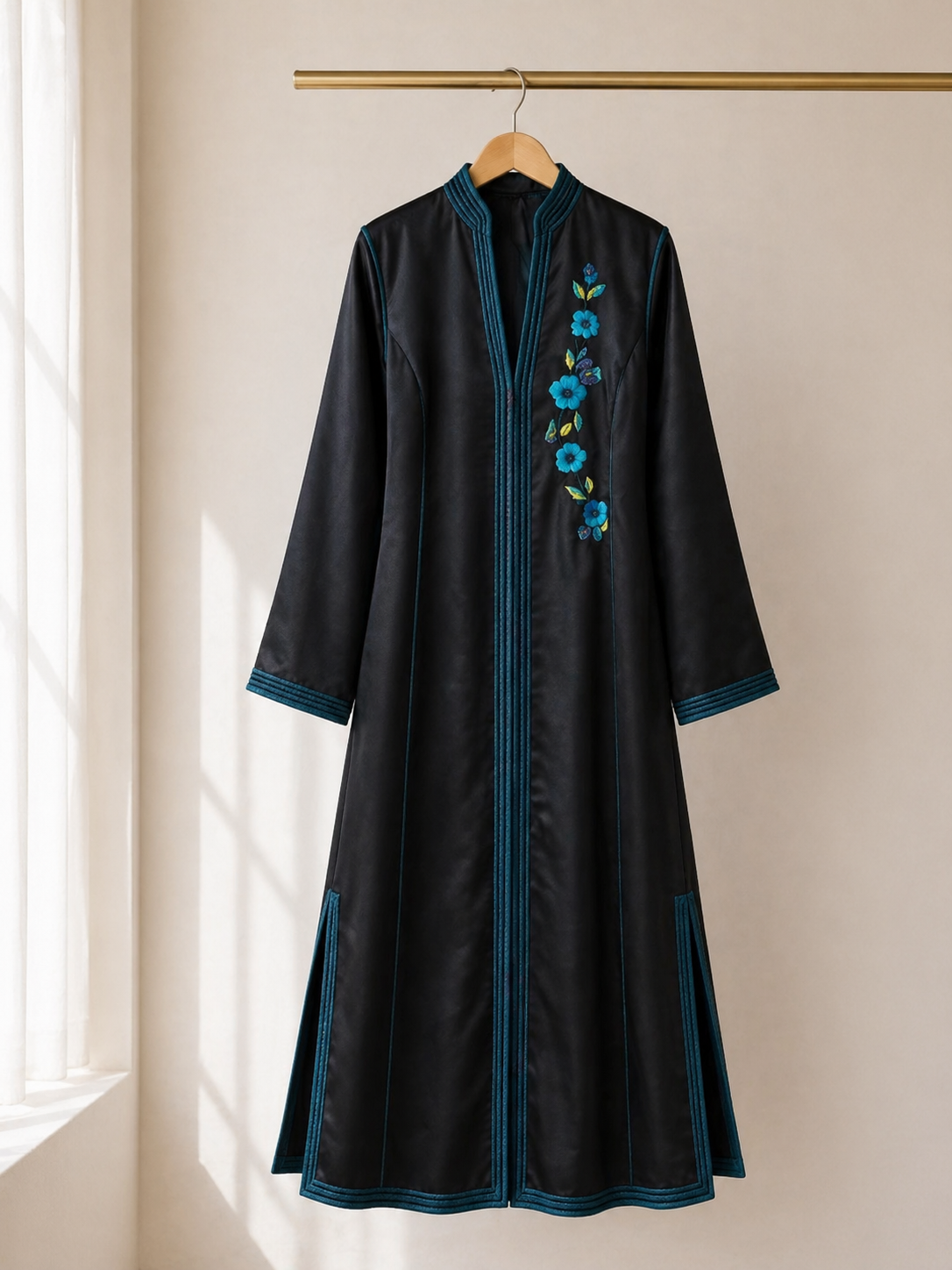 Black Night Kaftan — Hand-Embroidered Blue Floral Satin Maxi Dress | Moroccan Luxury | One of a Kind