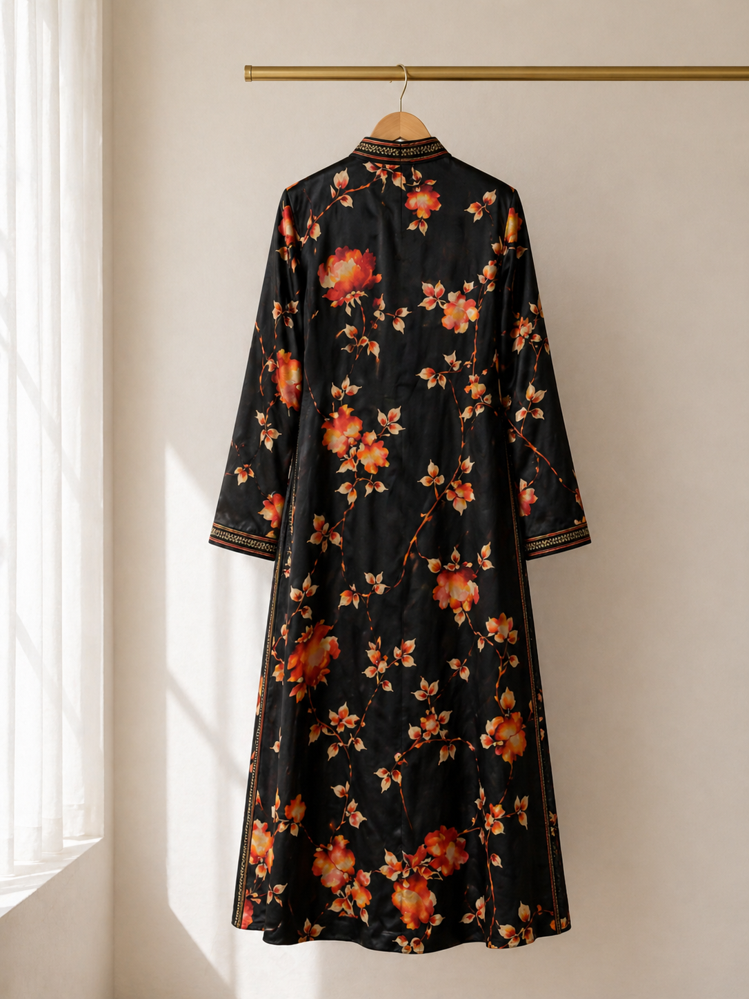 Black Floral Jacquard Kaftan — Hand-Embroidered Gold Trim | Moroccan Luxury Maxi Dress | One of a Kind