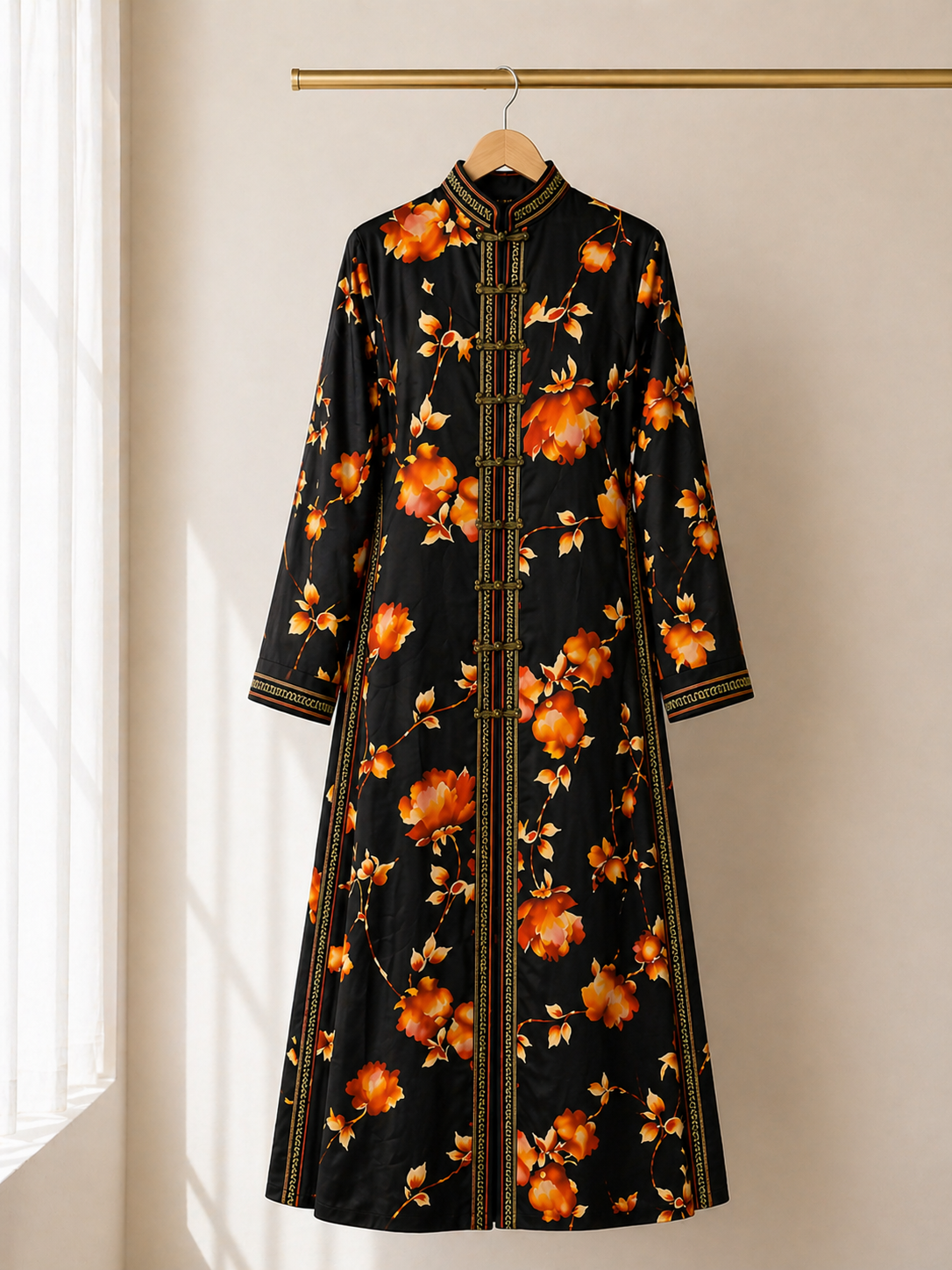 Black Floral Jacquard Kaftan — Hand-Embroidered Gold Trim | Moroccan Luxury Maxi Dress | One of a Kind