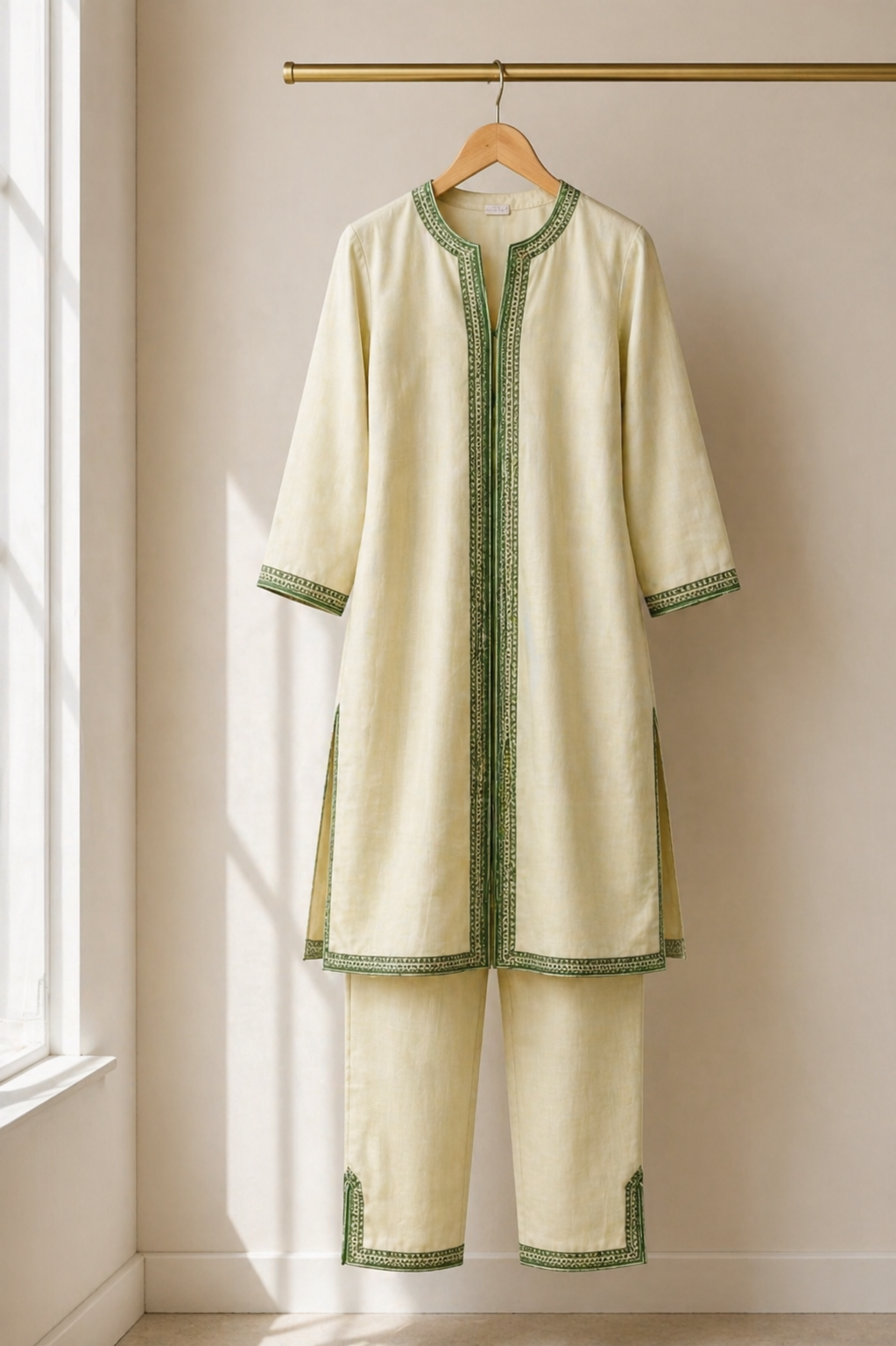 Sage Green Linen 4-Piece Set — Djellaba, Tunic, Pants & Shawl | Hand-Embroidered Sfifa | One of a Kind