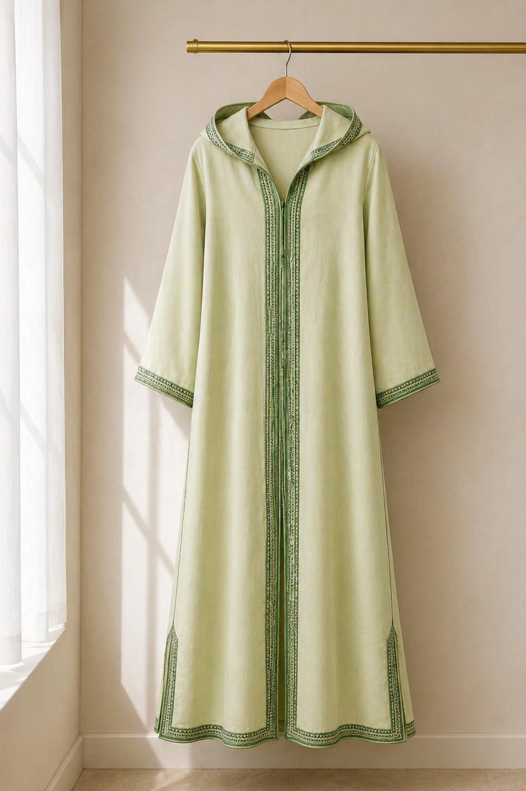 Sage Green Linen 4-Piece Set — Djellaba, Tunic, Pants & Shawl | Hand-Embroidered Sfifa | One of a Kind