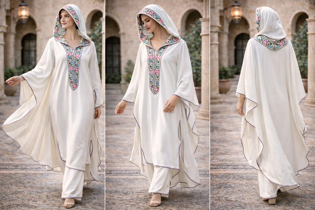 Tunique ivoire brodée main vue détail floral — haute couture marocaine GZ Elegance
