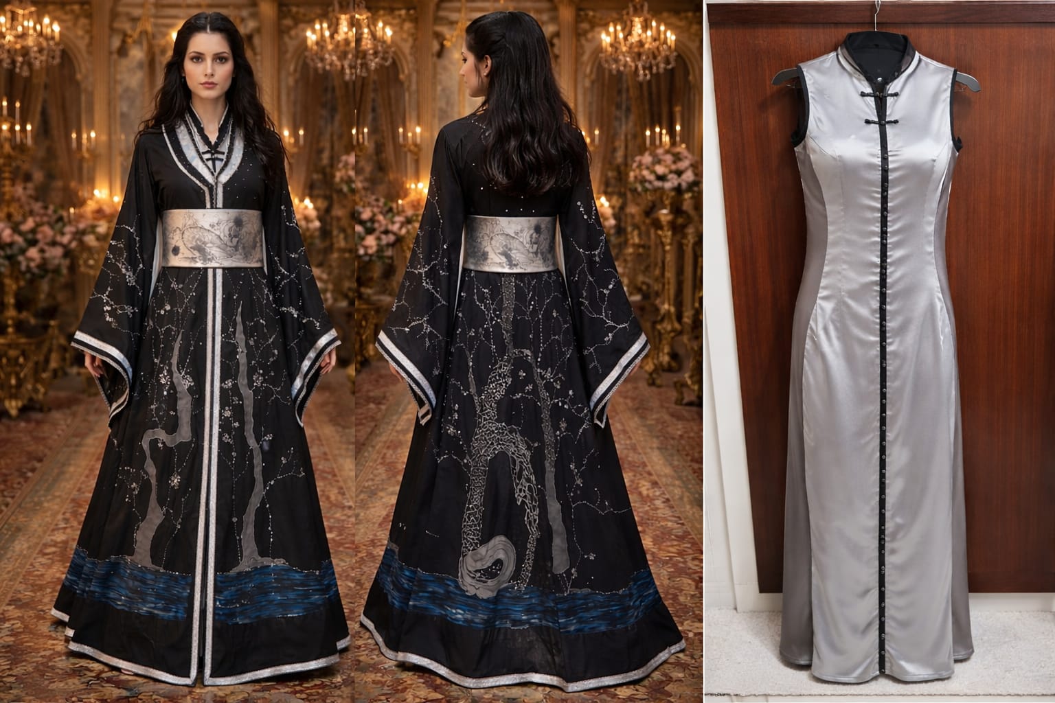 Caftan noir argent dragon brodé main constellation argentée ceinture obi phénix — GZ Elegance
