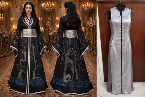 Caftan noir argent dragon brodé main constellation argentée ceinture obi phénix — GZ Elegance
