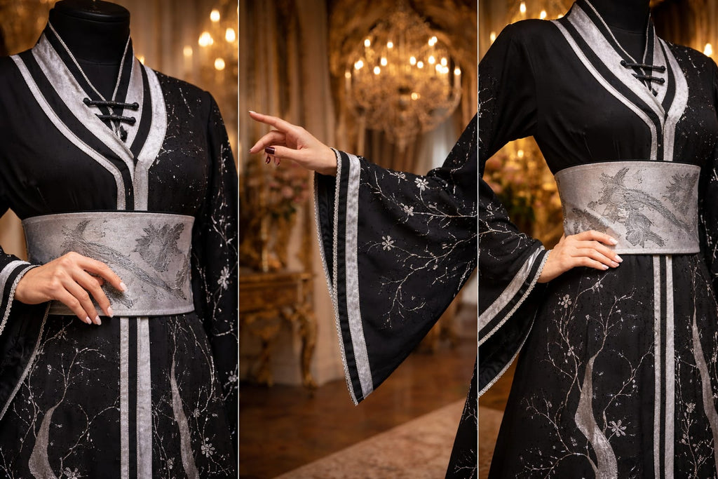 Caftan noir argent fusion haute couture vue détail broderie — GZ Elegance
