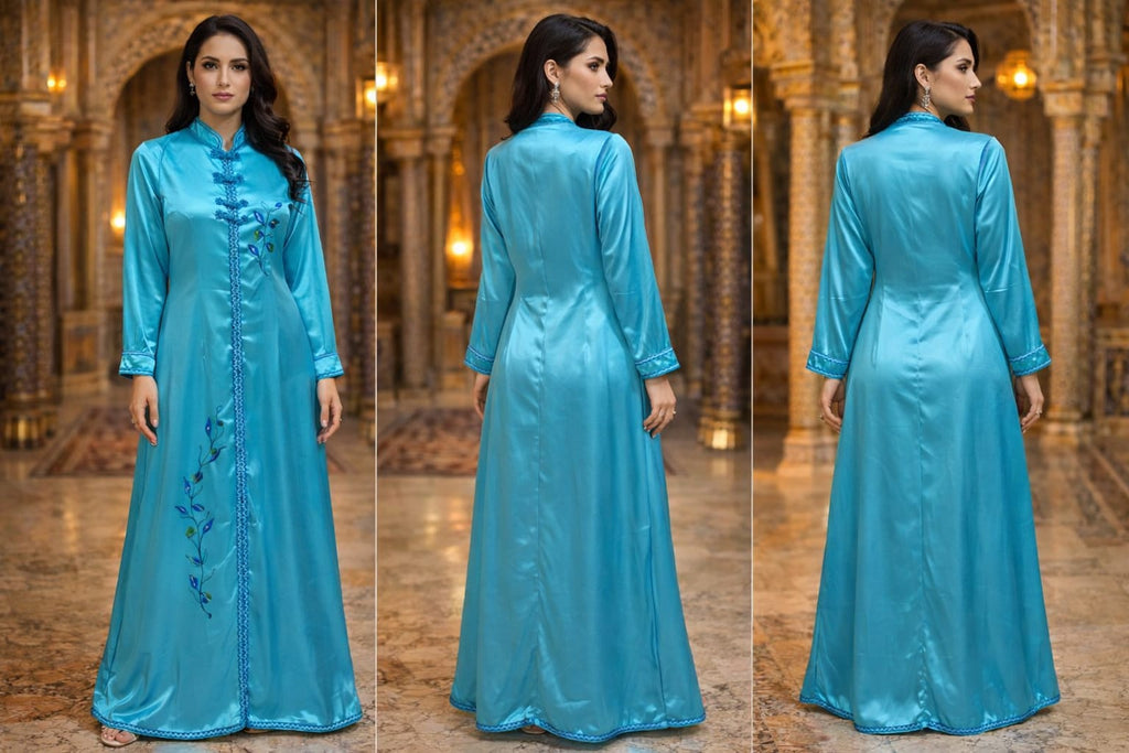 Caftan bleu turquoise satiné brodé main col mandarin brandebourgs — GZ Elegance
