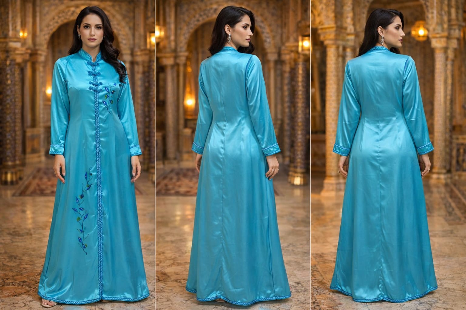 Caftan bleu turquoise satiné brodé main col mandarin brandebourgs — GZ Elegance
