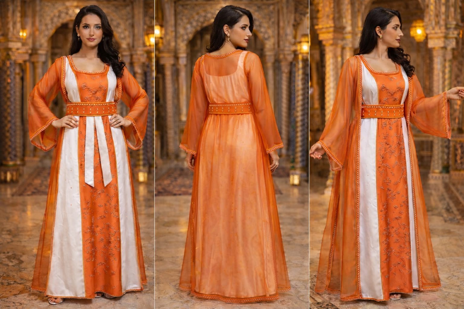 Caftan orange ivoire organza brodé main ceinture perlée dorée 2 pièces — GZ Elegance
