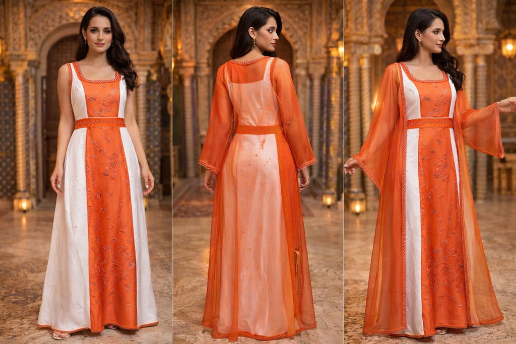 Caftan orange ivoire brodé main vue détail — haute couture marocaine GZ Elegance
