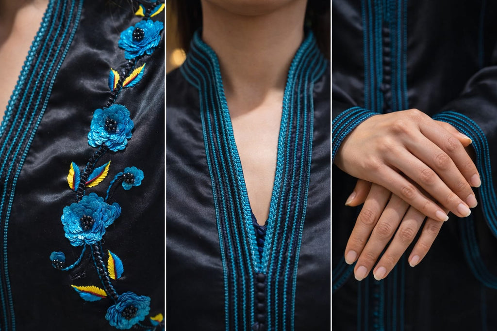 Caftan noir brodé main vue détail passementerie — haute couture marocaine GZ Elegance
