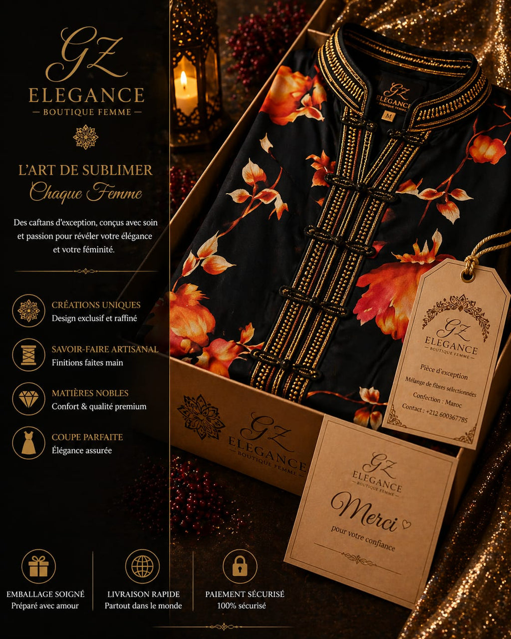 Black Floral Jacquard Kaftan — Hand-Embroidered Gold Trim | Moroccan Luxury Maxi Dress | One of a Kind