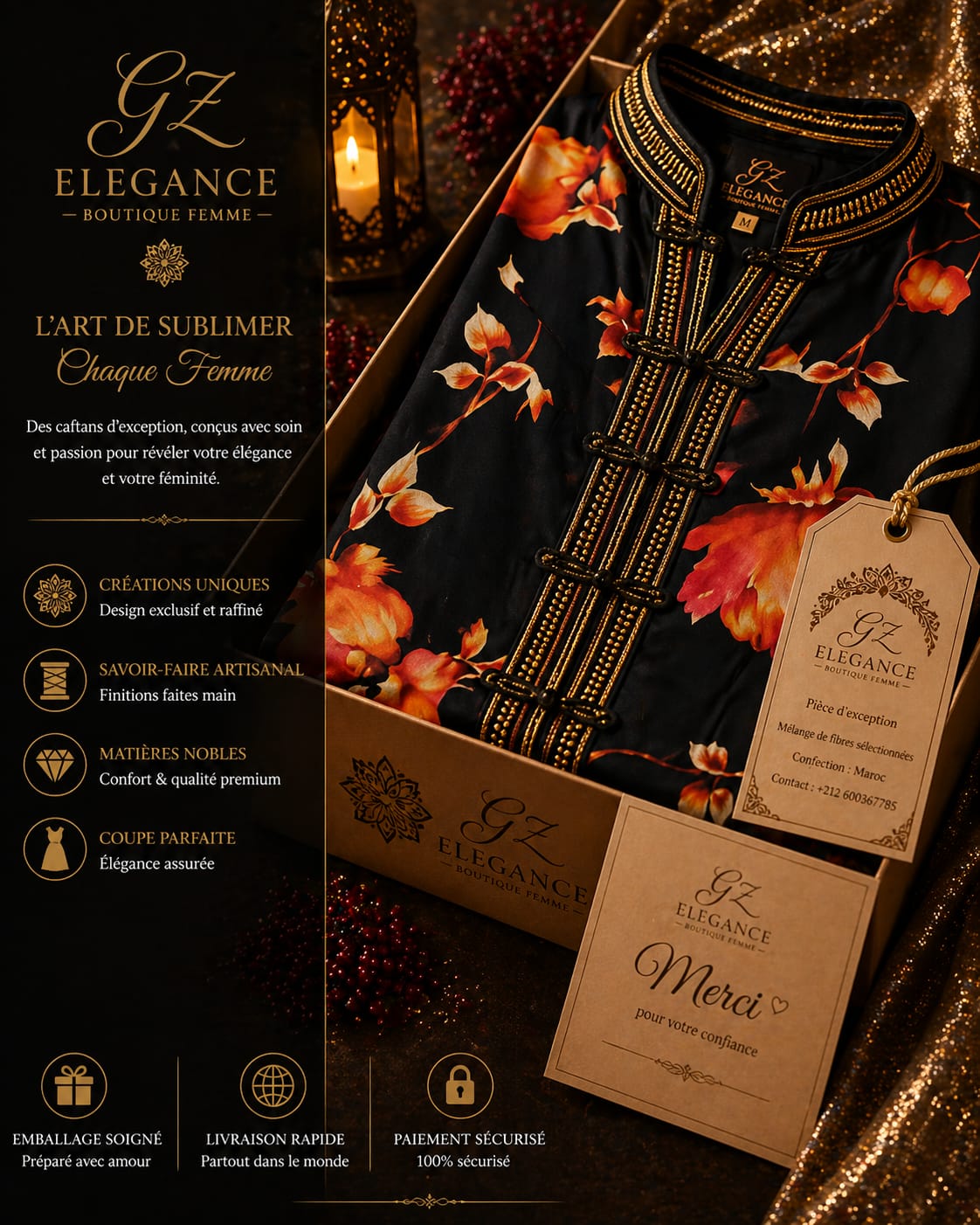 Black Floral Jacquard Kaftan — Hand-Embroidered Gold Trim | Moroccan Luxury Maxi Dress | One of a Kind