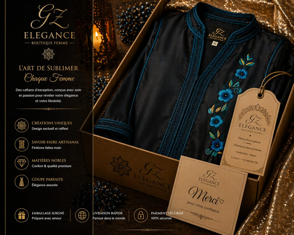 Black Night Kaftan — Hand-Embroidered Blue Floral Satin Maxi Dress | Moroccan Luxury | One of a Kind