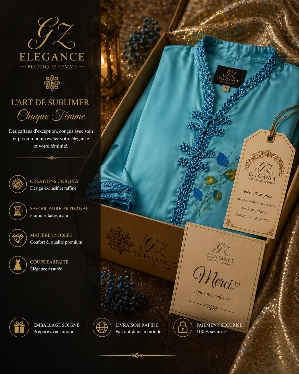 Turquoise Satin Kaftan — Hand-Embroidered Floral & Mandarin Collar | Moroccan Luxury Maxi Dress | One of a Kind