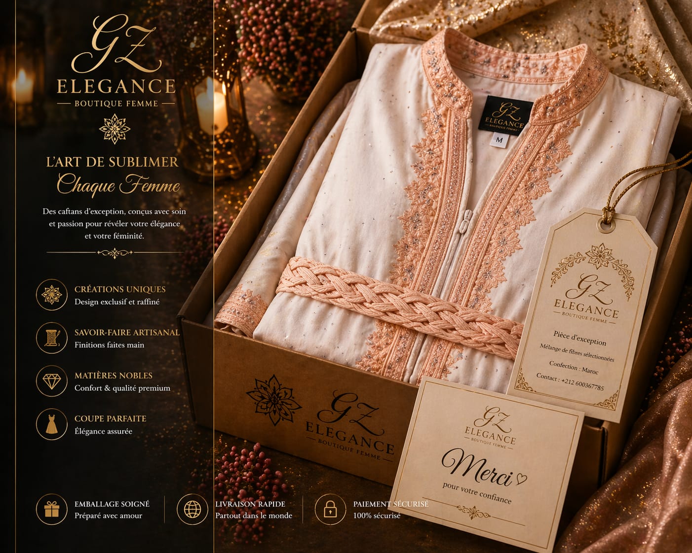 Caftan Ivoire & Pêche — Ensemble 2 Pièces + Mdemma Tressée Main | Broderie Florale | Pièce Unique